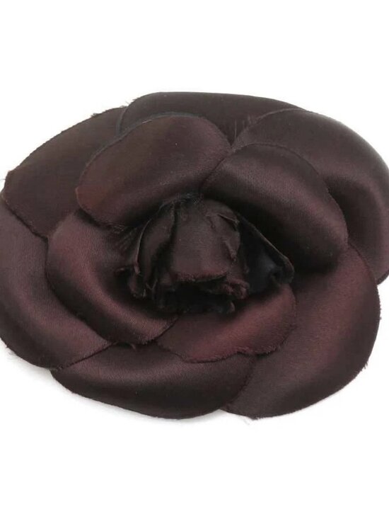 Auth CHANEL Camellia Flower Brooch Dark Brown Satin main image 7